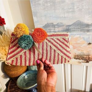 New Mar Y Sol Sonia Woven Raffia Striped Tassel Detail Clutch.